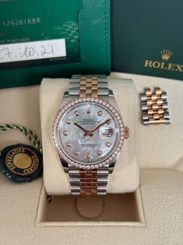 Pre-owned Rolex Datejust 36mm Mother of Pearl Diamond Dial Factory RBR Bezel 128281RBR 2021 Complete Set