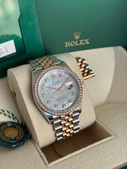 Pre-owned Rolex Datejust 36mm Mother of Pearl Diamond Dial Factory RBR Bezel 128281RBR 2021 Complete Set