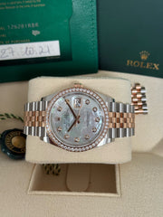 Pre-owned Rolex Datejust 36mm Mother of Pearl Diamond Dial Factory RBR Bezel 128281RBR 2021 Complete Set