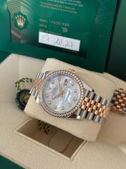 Pre-owned Rolex Datejust 36mm Mother of Pearl Diamond Dial Factory RBR Bezel 128281RBR 2021 Complete Set