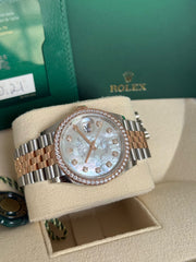 Pre-owned Rolex Datejust 36mm Mother of Pearl Diamond Dial Factory RBR Bezel 128281RBR 2021 Complete Set