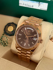 Pre-owned Rolex DayDate 40 228235 Chocolate Baguette Diamond Dial
