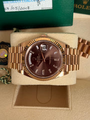 Pre-owned Rolex DayDate 40 228235 Chocolate Baguette Diamond Dial