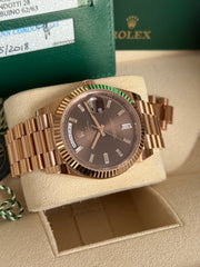 Pre-owned Rolex DayDate 40 228235 Chocolate Baguette Diamond Dial