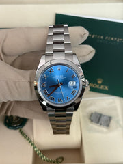 Pre-owned Rolex Datejust Discontinued Azzuro Roman Dial Smooth Oyster 126300 2026 Complete Set Box and Papers