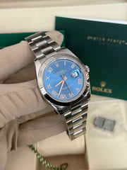 Pre-owned Rolex Datejust Discontinued Azzuro Roman Dial Smooth Oyster 126300 2026 Complete Set Box and Papers