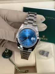 Pre-owned Rolex Datejust Discontinued Azzuro Roman Dial Smooth Oyster 126300 2026 Complete Set Box and Papers