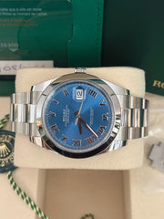Pre-owned Rolex Datejust Discontinued Azzuro Roman Dial Smooth Oyster 126300 2026 Complete Set Box and Papers