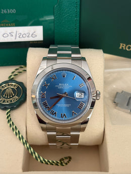 Pre-owned Rolex Datejust Discontinued Azzuro Roman Dial Smooth Oyster 126300 2026 Complete Set Box and Papers