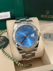 Pre-owned Rolex Datejust Discontinued Azzuro Roman Dial Smooth Oyster 126300 2026 Complete Set Box and Papers