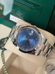Pre-owned Rolex Datejust Discontinued Azzuro Roman Dial Smooth Oyster 126300 2026 Complete Set Box and Papers
