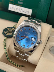 Pre-owned Rolex Datejust Discontinued Azzuro Roman Dial Smooth Oyster 126300 2026 Complete Set Box and Papers