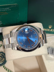 Pre-owned Rolex Datejust Discontinued Azzuro Roman Dial Smooth Oyster 126300 2026 Complete Set Box and Papers
