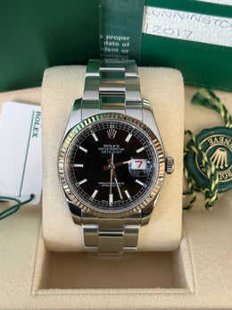 Pre-owned Rolex Datejust 36mm 116234 2017 Black Dial Oyster Strap Fluted Bezel Box and Papers Complete Set with Rolex Service Card