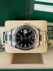 Pre-owned Rolex Datejust 36mm 116234 2017 Black Dial Oyster Strap Fluted Bezel Box and Papers Complete Set with Rolex Service Card