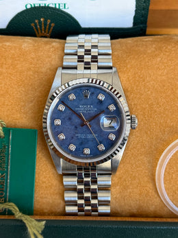 Pre-owned Rolex Datejust 36mm 16234 Sodalite Dial Jubilee Strap White Gold Bezel Full Collectors Set