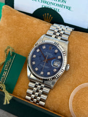 Pre-owned Rolex Datejust 36mm 16234 Sodalite Dial Jubilee Strap White Gold Bezel Full Collectors Set