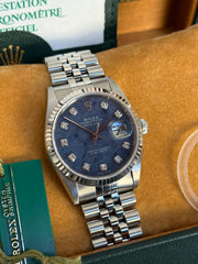 Pre-owned Rolex Datejust 36mm 16234 Sodalite Dial Jubilee Strap White Gold Bezel Full Collectors Set