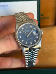 Pre-owned Rolex Datejust 36mm 16234 Sodalite Dial Jubilee Strap White Gold Bezel Full Collectors Set