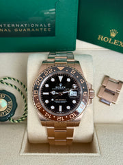 Pre Owned Rolex GMT Master II 126715CHNR Full Rose Gold Rootbeer 2021 Complete Set