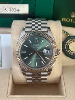 Pre-owned Rolex Datejust 41mm Mint Green Dial 126334 Full Set Box and Papers 2024 Mint Jubilee