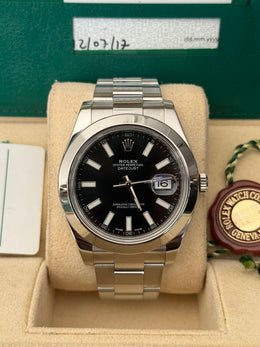 Pre-owned Rolex Datejust II Discontinued Black Baton Dial Smooth Oyster 116300 2017 Complete Set Box and Papers