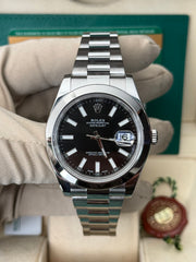 Pre-owned Rolex Datejust II Discontinued Black Baton Dial Smooth Oyster 116300 2017 Complete Set Box and Papers