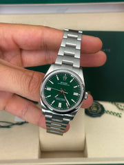 Pre-owned Rolex Oyster Perpetual Green 126000 2025 New Condition Complete Set UK Watch