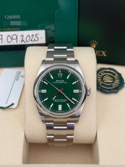Pre-owned Rolex Oyster Perpetual Green 126000 2025 New Condition Complete Set UK Watch