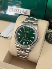 Pre-owned Rolex Oyster Perpetual Green 126000 2025 New Condition Complete Set UK Watch
