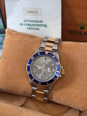 Pre-owned Rolex Submariner Serti Dial Two-tone 16613 Box and Papers 1999