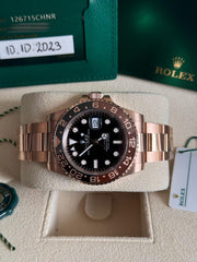 Pre Owned Rolex GMT Master II 125715CHNR Full Rose Gold Rootbeer 2023