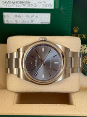 Pre-owned Rolex Oyster Perpetual 39mm Grey Dial 114300 2018 Box and Papers