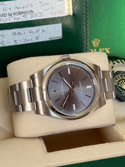 Pre-owned Rolex Oyster Perpetual 39mm Grey Dial 114300 2018 Box and Papers