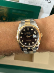 Pre-owned Rolex Datejust 126333 Black Diamond Dial Yellow Gold Steel Oyster Strap Fluted Bezel 2025