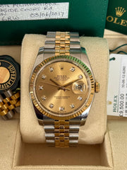 Pre-owned Rolex Datejust 36mm 116233 Champagne Diamond Dial 2017 Jubilee Strap Yellow Gold Fluted Bezel Full Set