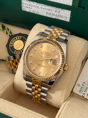 Pre-owned Rolex Datejust 36mm 116233 Champagne Diamond Dial 2017 Jubilee Strap Yellow Gold Fluted Bezel Full Set