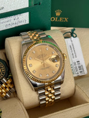 Pre-owned Rolex Datejust 36mm 116233 Champagne Diamond Dial 2017 Jubilee Strap Yellow Gold Fluted Bezel Full Set
