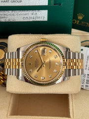 Pre-owned Rolex Datejust 36mm 116233 Champagne Diamond Dial 2017 Jubilee Strap Yellow Gold Fluted Bezel Full Set