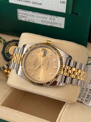 Pre-owned Rolex Datejust 36mm 116233 Champagne Diamond Dial 2017 Jubilee Strap Yellow Gold Fluted Bezel Full Set