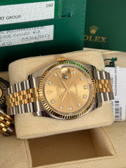 Pre-owned Rolex Datejust 36mm 116233 Champagne Diamond Dial 2017 Jubilee Strap Yellow Gold Fluted Bezel Full Set