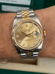 Pre-owned Rolex Datejust 36mm 116233 Champagne Diamond Dial 2017 Jubilee Strap Yellow Gold Fluted Bezel Full Set