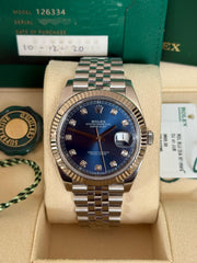 Pre-owned Rolex Datejust 41mm 126334 Blue Diamond Dial 2020 new card Full Set Fluted Jubilee Strap