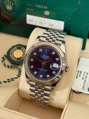 Pre-owned Rolex Datejust 41mm 126334 Blue Diamond Dial 2020 new card Full Set Fluted Jubilee Strap