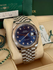 Pre-owned Rolex Datejust 41mm 126334 Blue Diamond Dial 2020 new card Full Set Fluted Jubilee Strap