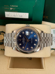 Pre-owned Rolex Datejust 41mm 126334 Blue Diamond Dial 2020 new card Full Set Fluted Jubilee Strap