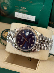 Pre-owned Rolex Datejust 41mm 126334 Blue Diamond Dial 2020 new card Full Set Fluted Jubilee Strap