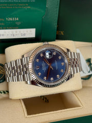 Pre-owned Rolex Datejust 41mm 126334 Blue Diamond Dial 2020 new card Full Set Fluted Jubilee Strap