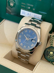Pre-owned Rolex Datejust 126300 Azurro Dial Smooth Bezel Oyster Strap 2022 Full Set