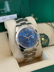 Pre-owned Rolex Datejust 126300 Azurro Dial Smooth Bezel Oyster Strap 2022 Full Set